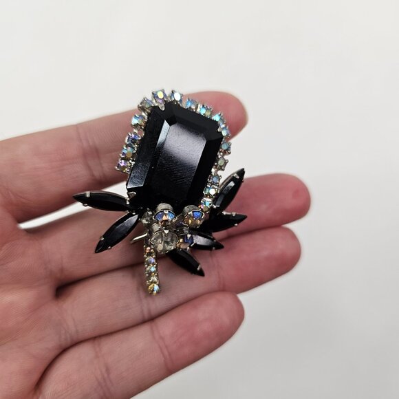 Vintage Silver Tone Black AB Rhinestone Brooch Aurora Borealis Open Back - Picture 6 of 8